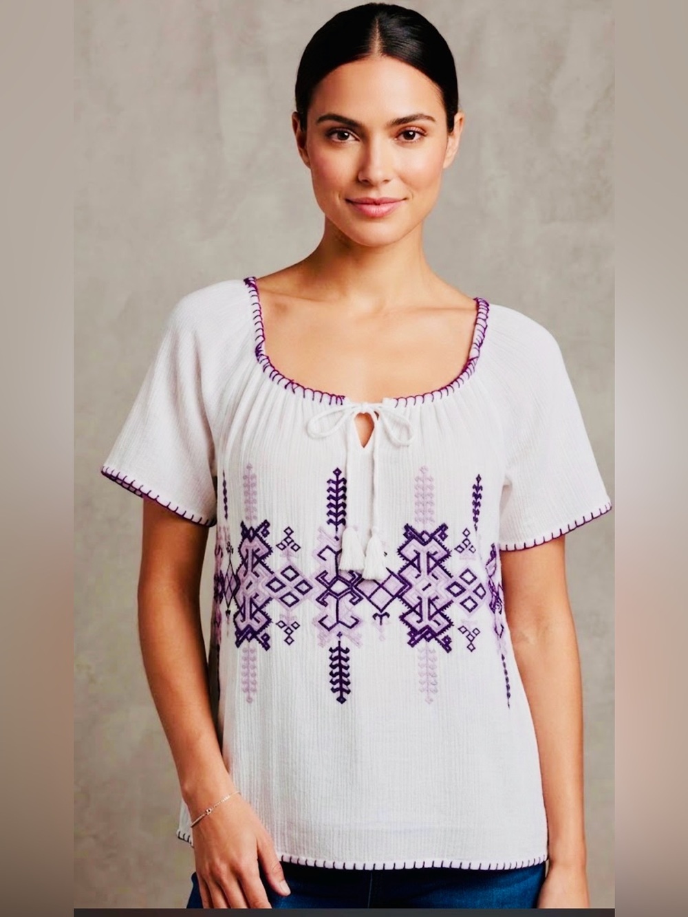 Mexican Boho Embroidered Blouse White Purple Geometric Artisanal Top Size L
